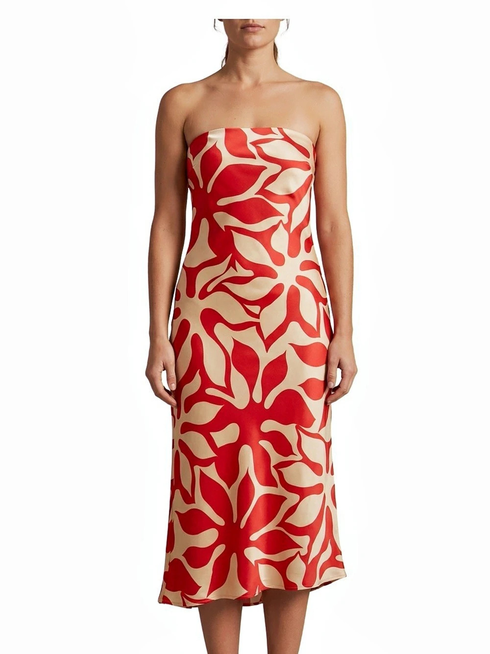 House of Harlow 1960 Abstract Floral Strapless Midi Dress in Red & Cream Size Me